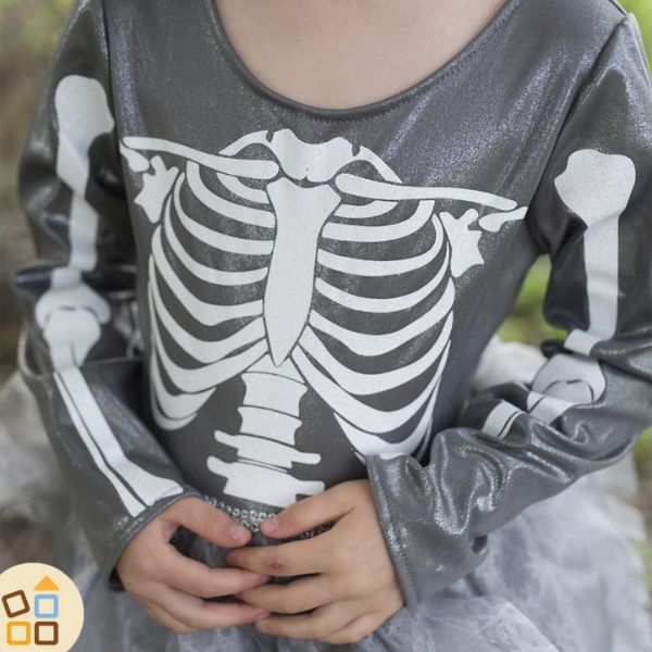 Costume Scheletro Per Bambina | Vestito Lungo Con Cappello | Travestimento Halloween | Taglie 110-142 Cm - 2