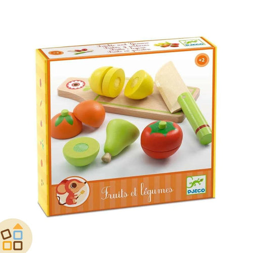 scatola della frutta da tagliare con foto del prodotto chiara e in primo piano, scatola dal design djeco 