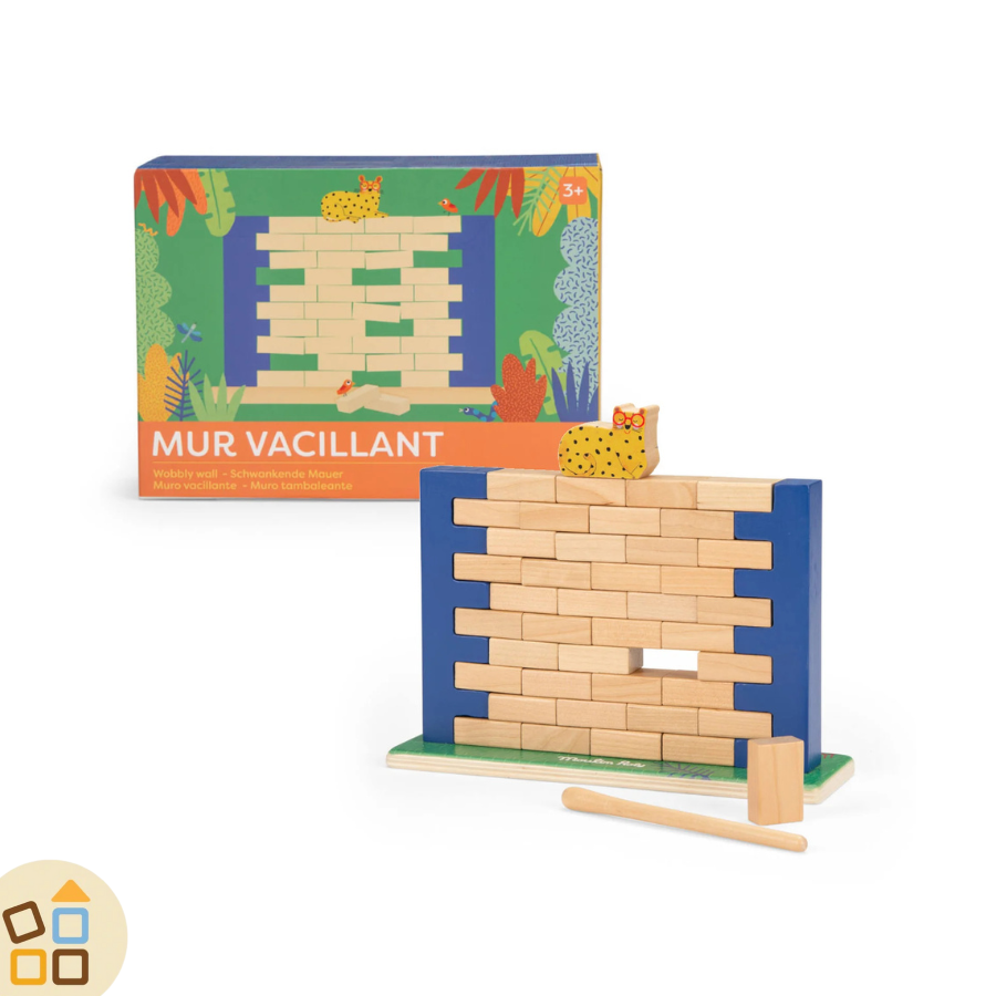 muro traballante di moulin roty, gioco di abilità in legno: togli i mattoncini di legno a turno ma ttenzione a non far crollare il muro o il leopardo che ci dorme sopra si sveglierà!