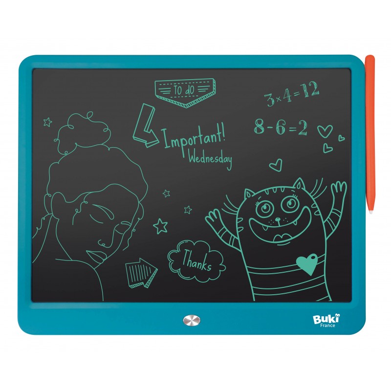 Buki France - La Mia Prima Lavagnetta LCD Per Bambini, Multicolore, Con 4 Timbri In Silicone E Stilo Ergonomico A Doppia Punta, Leggera E Portatile, FK014