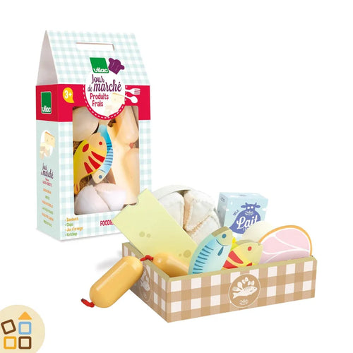 Set Alimenti in legno con Pesce, Carne e Formaggio