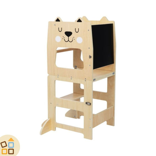 torre montessoriana in legno naturale con lavagna nera su un alto, diventa tavolino con seduta