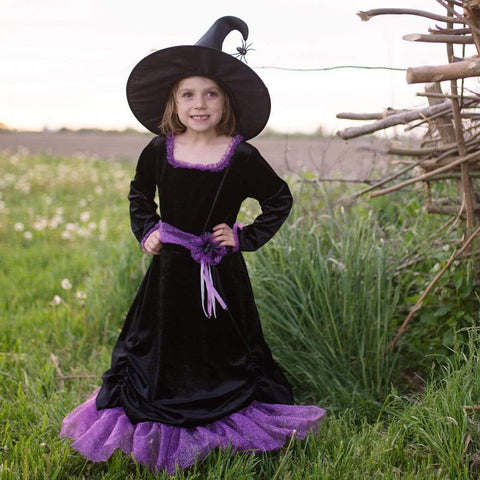 COSTUME DA STREGA VIOLA CON STAMPE DI HALLOWEEN BAMBINA COSTUME DA STREGA VIOLA CON STAMPE DI HALLOWEEN BAMBINA